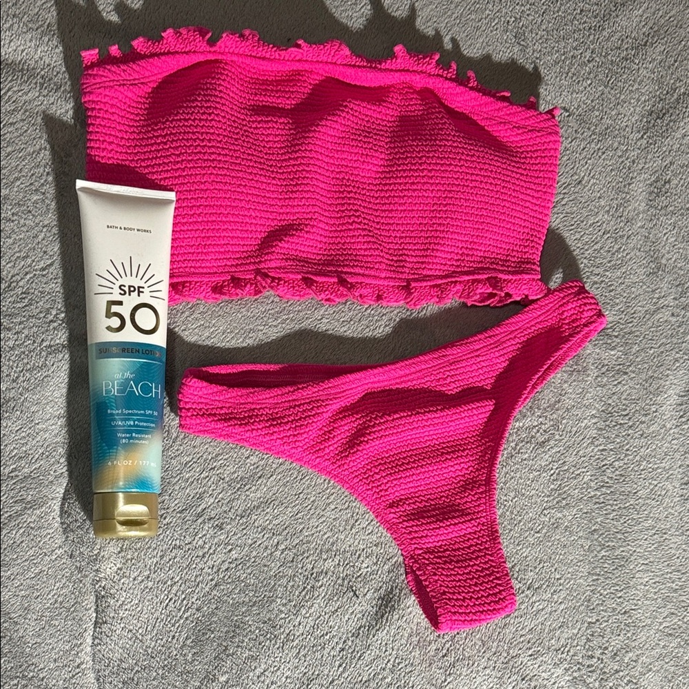 Hot Pink Textured Bandeau Bikini Set